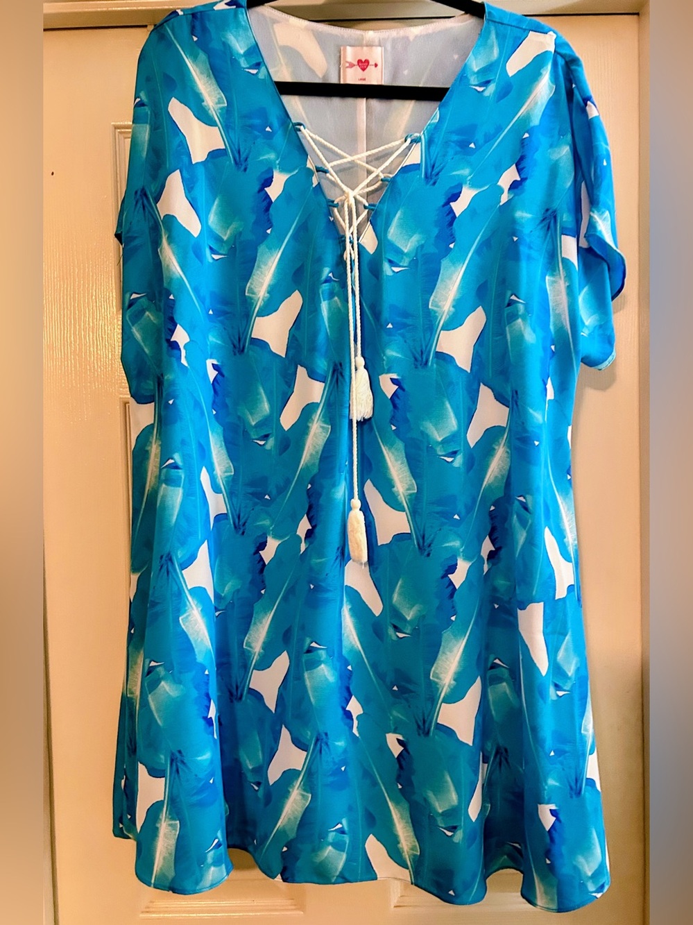 Buddy Love Turquoise & Aqua Feather-Print Tunic with Tassel Tie